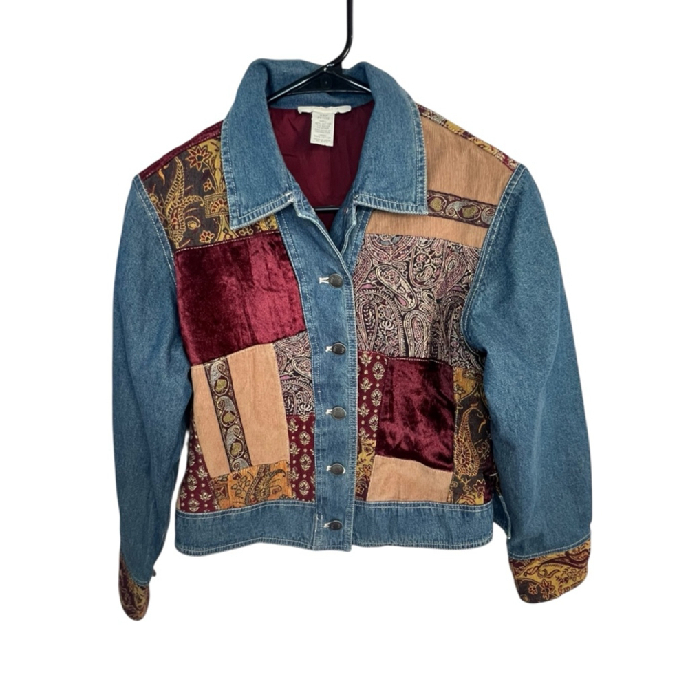 JJill Out Of The Blue Velvet Tapestry Patchwork Denim Jacket